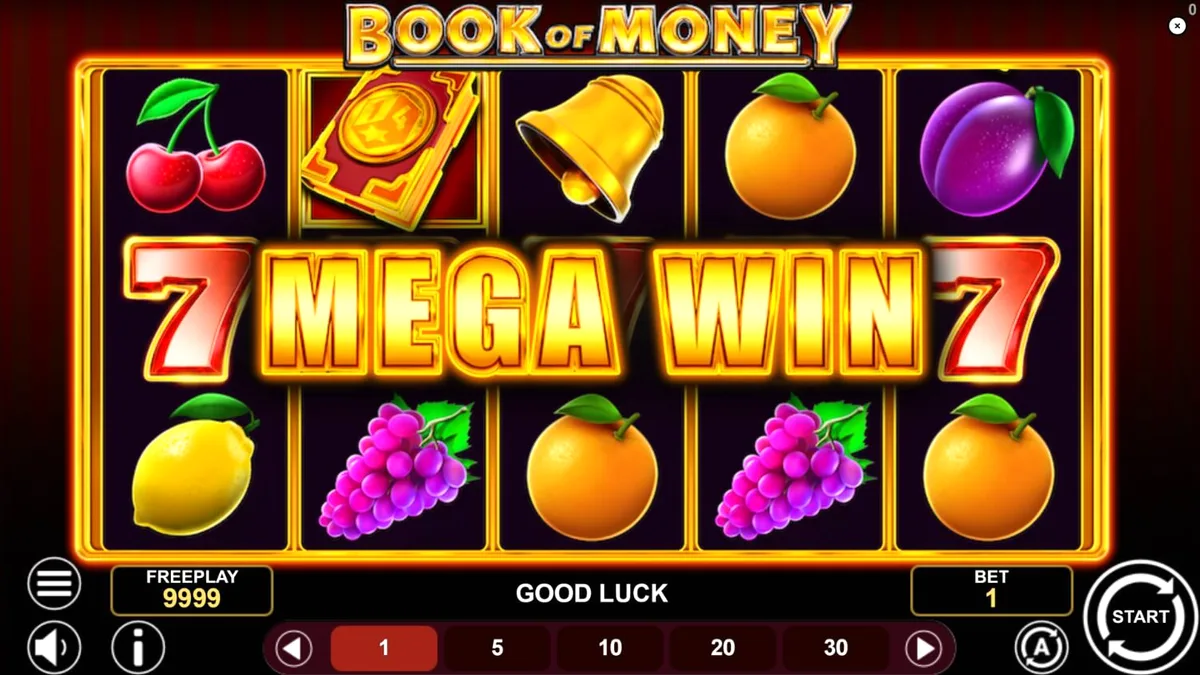 Interface do jogo Book of Money com símbolos clássicos e tema de fortuna