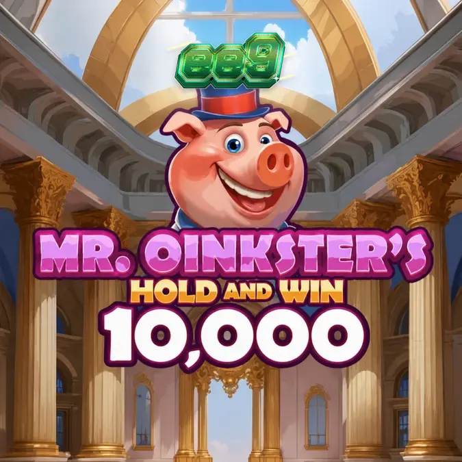 Tela principal do jogo Mr. Oinkster’s Hold & Win 10,000 com tema de porquinho-banco.